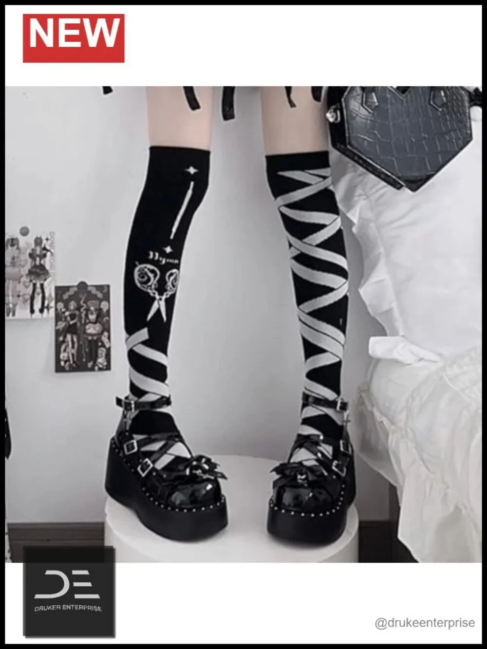 Women Kawaii Gothic Platform Mary Jane Shoes Bows Rivet Chunky Heels PU Leather